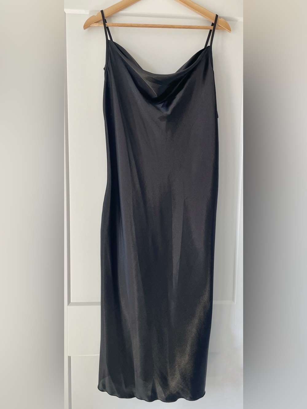 Bebe Black Satin Slip Dress XL | 90s Y2K Cowl Neck | Adjustable Straps